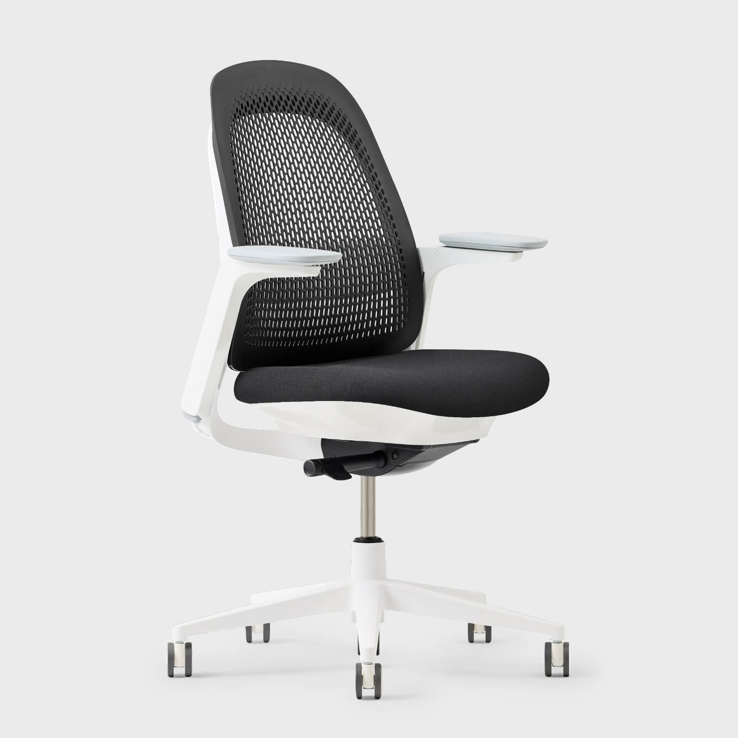 Breck Office Chair with black mesh backrest and white frame on casters
