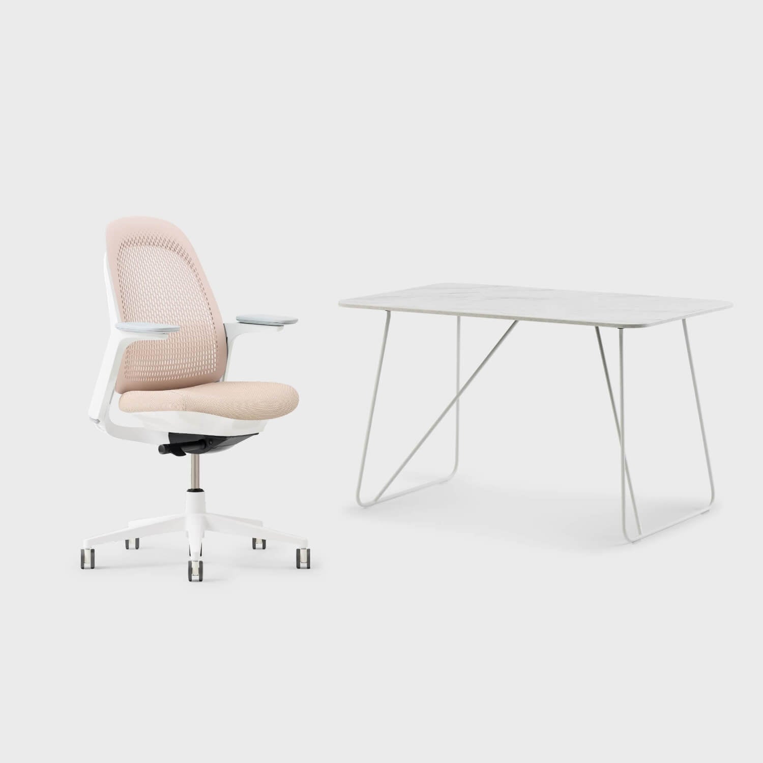 Breck office chair and Market desk set, ergonomic design with geometric stretch technology for comfort and style.