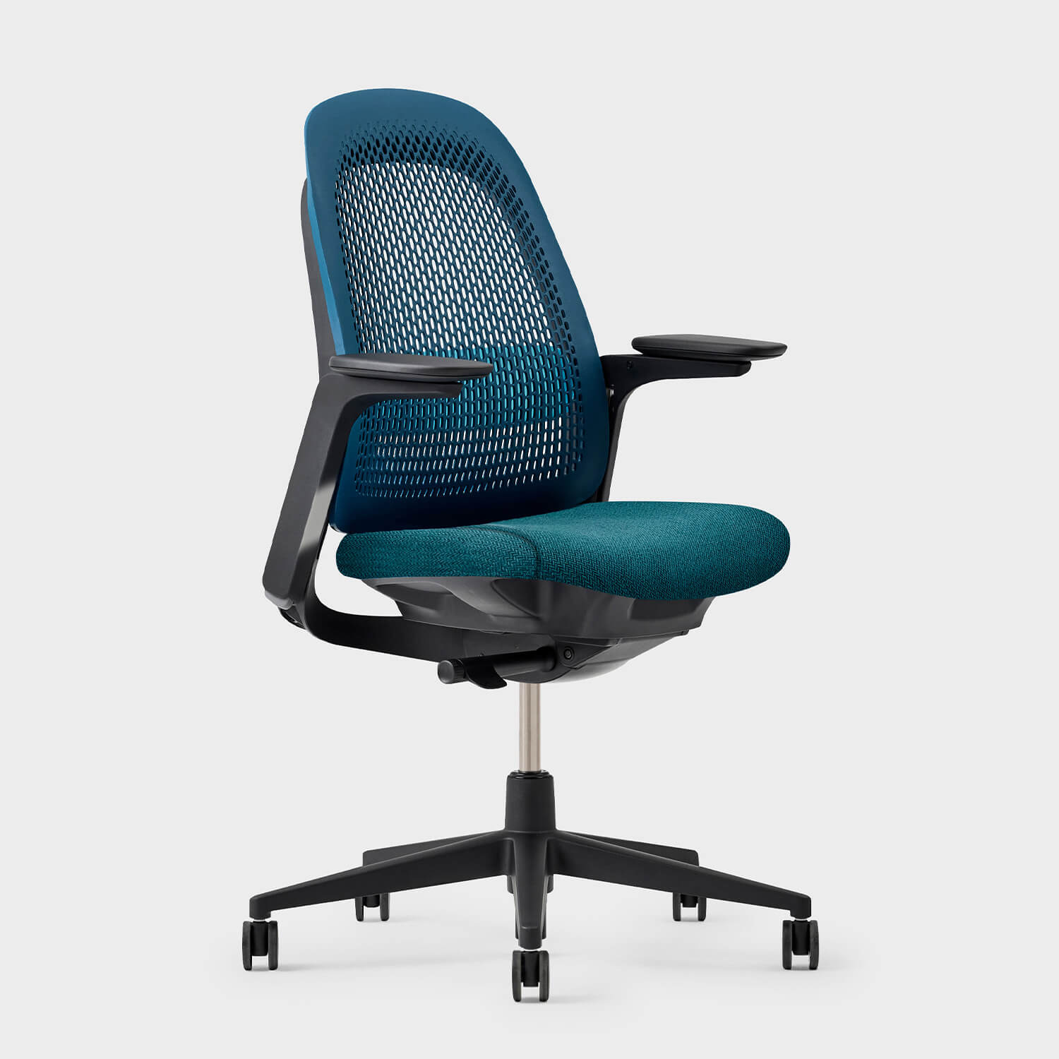 Breck Office Chair with ergonomic design and blue mesh backrest on wheels for optimal office comfort.