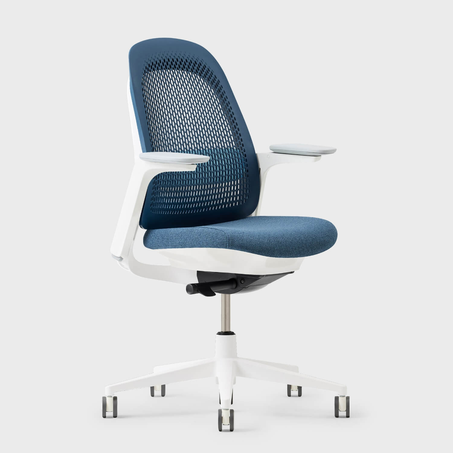 Breck Office Chair with blue mesh backrest and cushioned seat on wheels