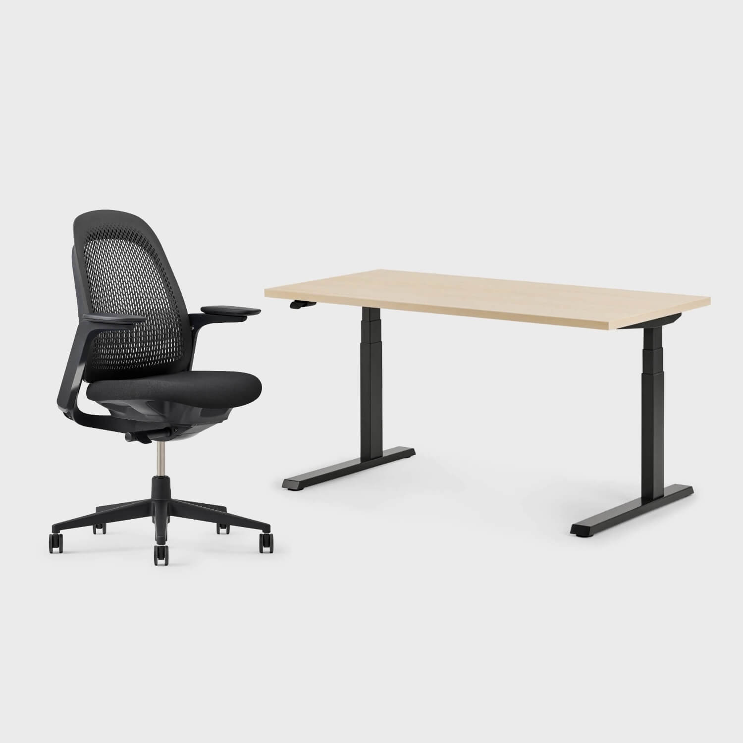 Breck office chair and Upside sit-to-stand desk set, ergonomic office bundle for comfortable work.