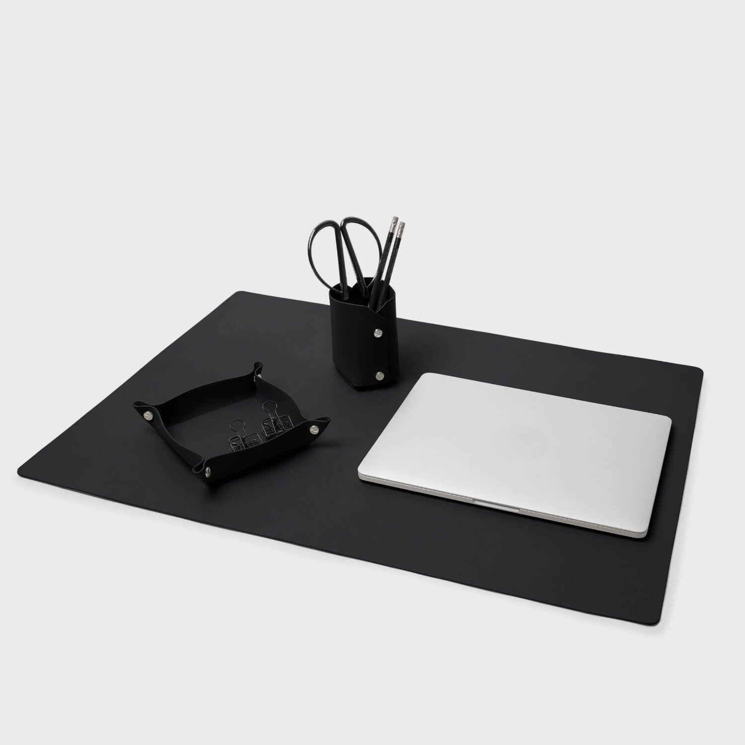 Modern Desk Set by Leatherology featuring a sleek desk pad, valet tray, and pencil cup in premium leather.