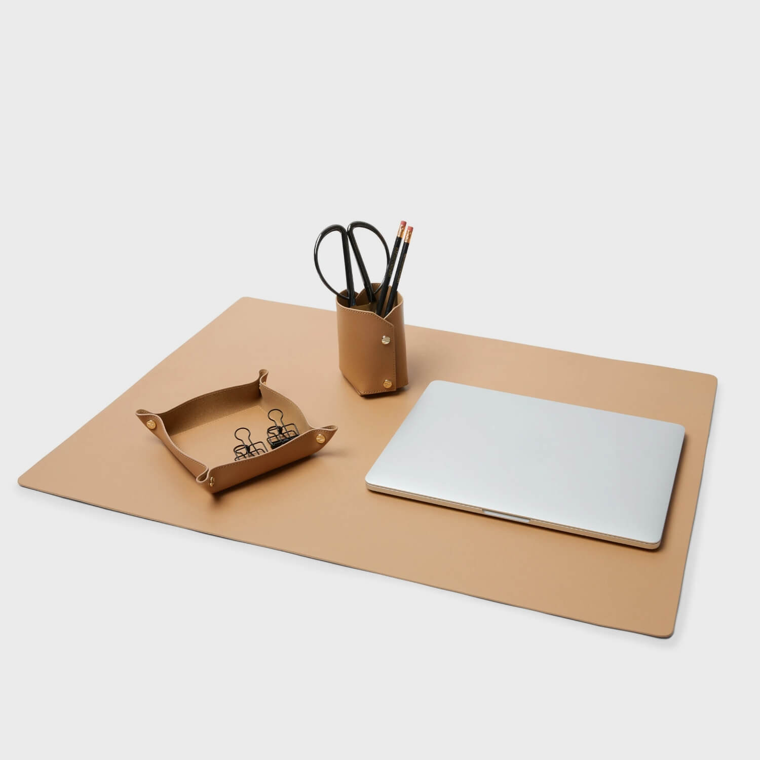 Modern Desk Set in Italian leather, featuring desk pad, valet tray, and pencil cup, by Leatherology.