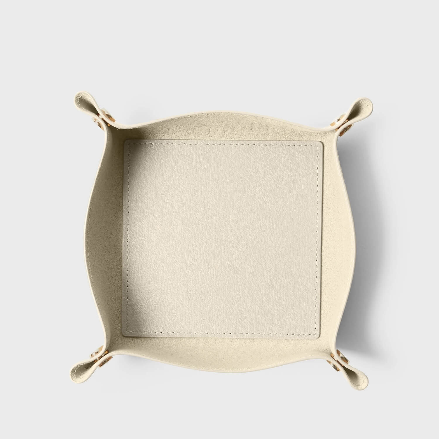 Top view of a modern leather valet tray by Leatherology, perfect for organizing everyday essentials.