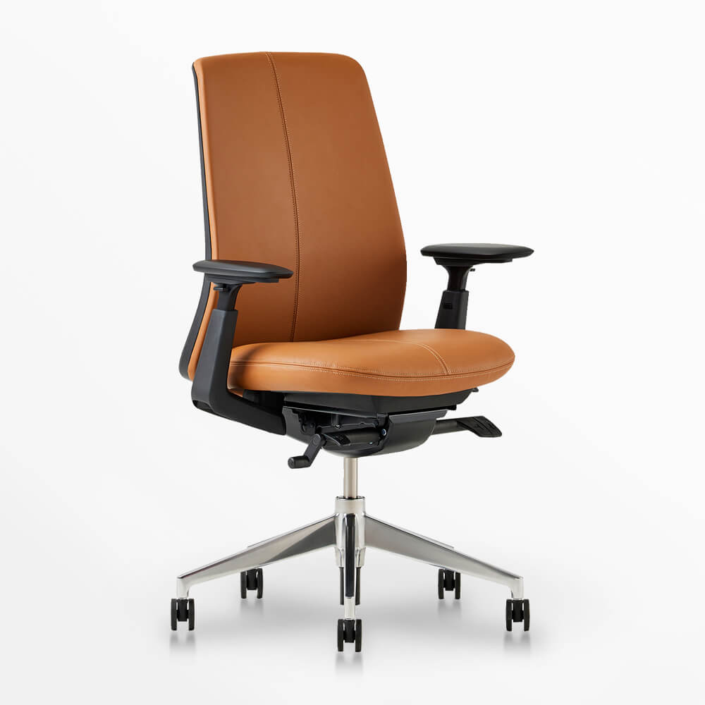 Soji Leather Office Chair in tan leather, designed for comfort and style in any workspace. Ideal for home or office use.