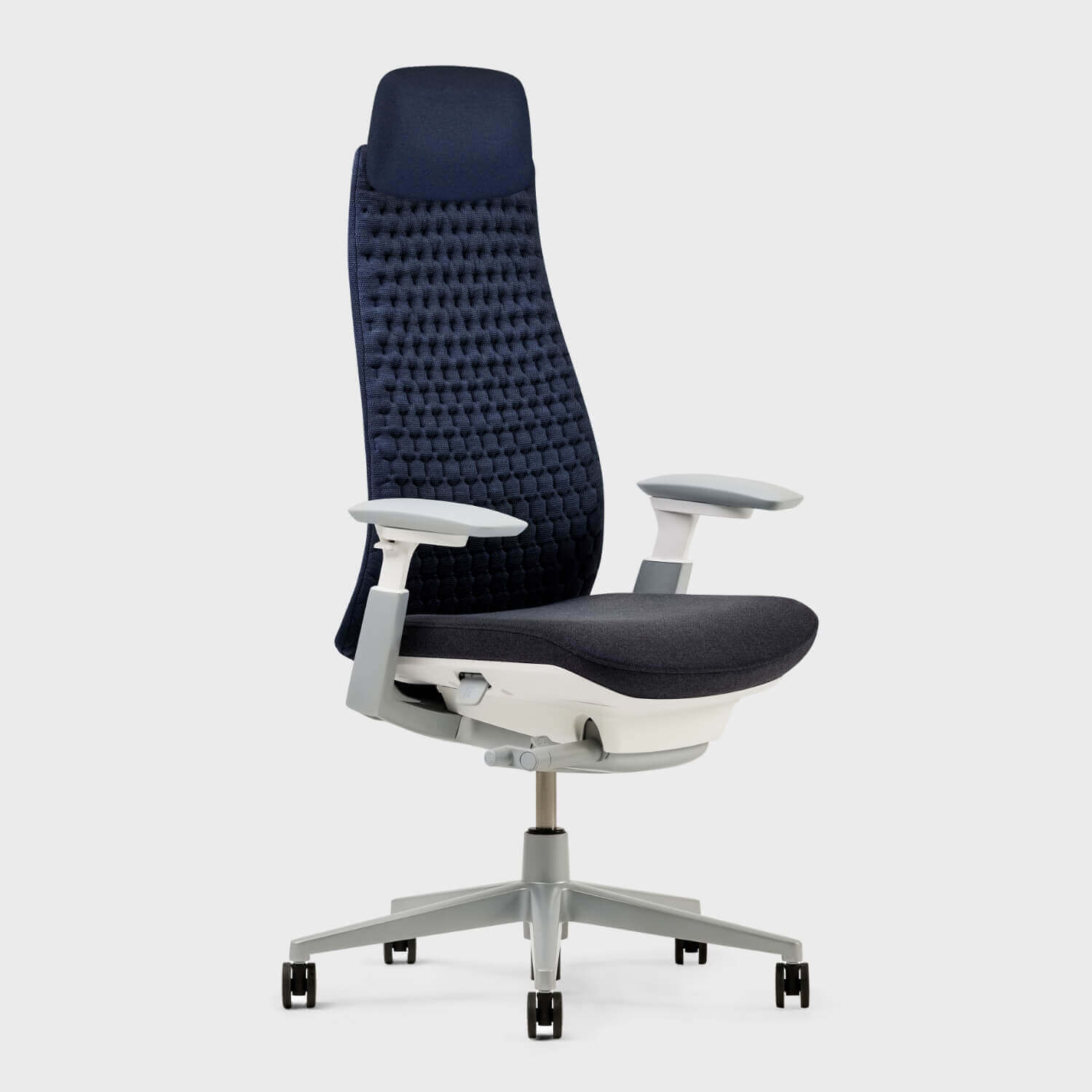 Ergonomic Fern Office Chair with Navy Blue Cushioned Back and Adjustable Armrests on White Rolling Base