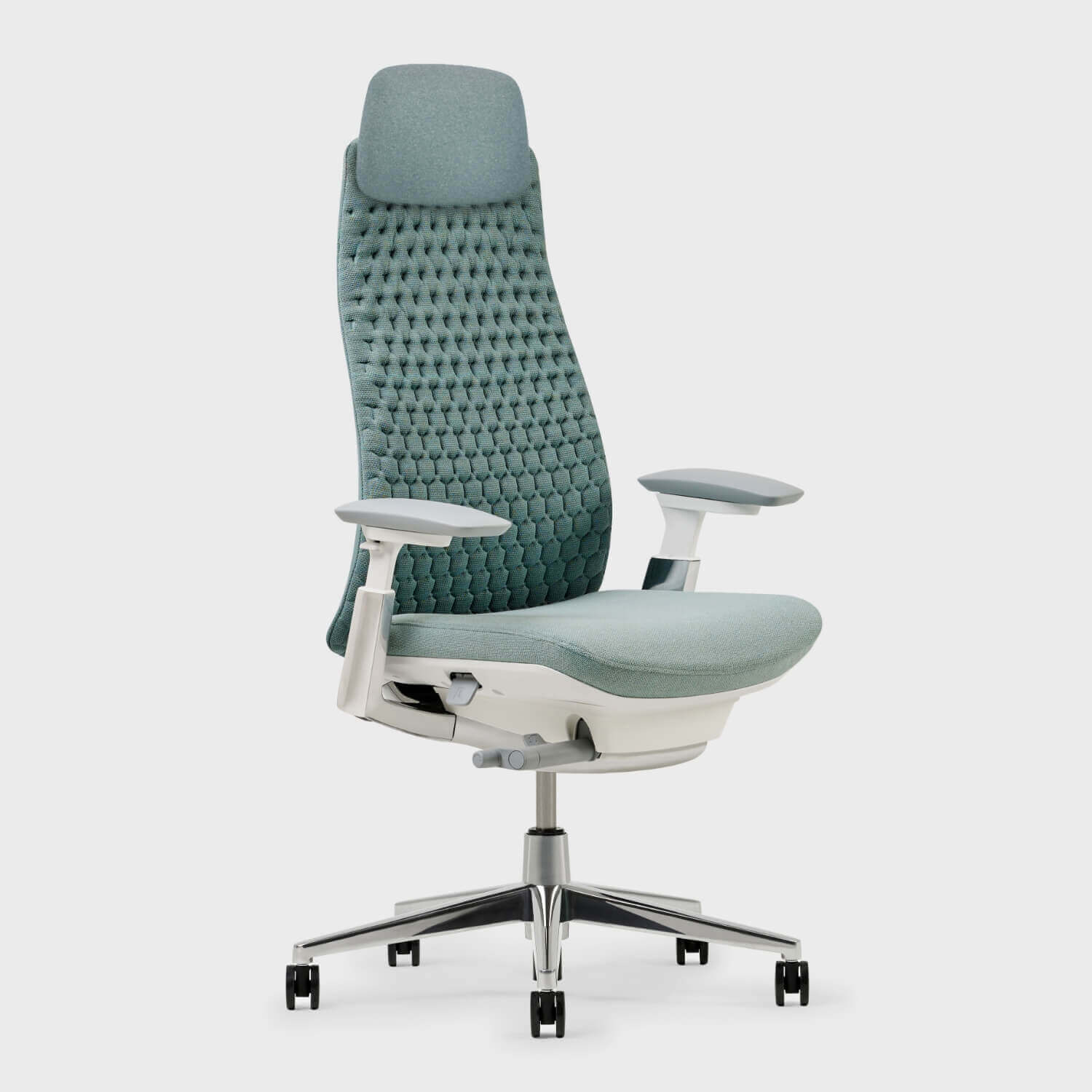 Fern office chair with ergonomic design and high backrest in teal color, adjustable armrests, and a chrome base with caster wheels.