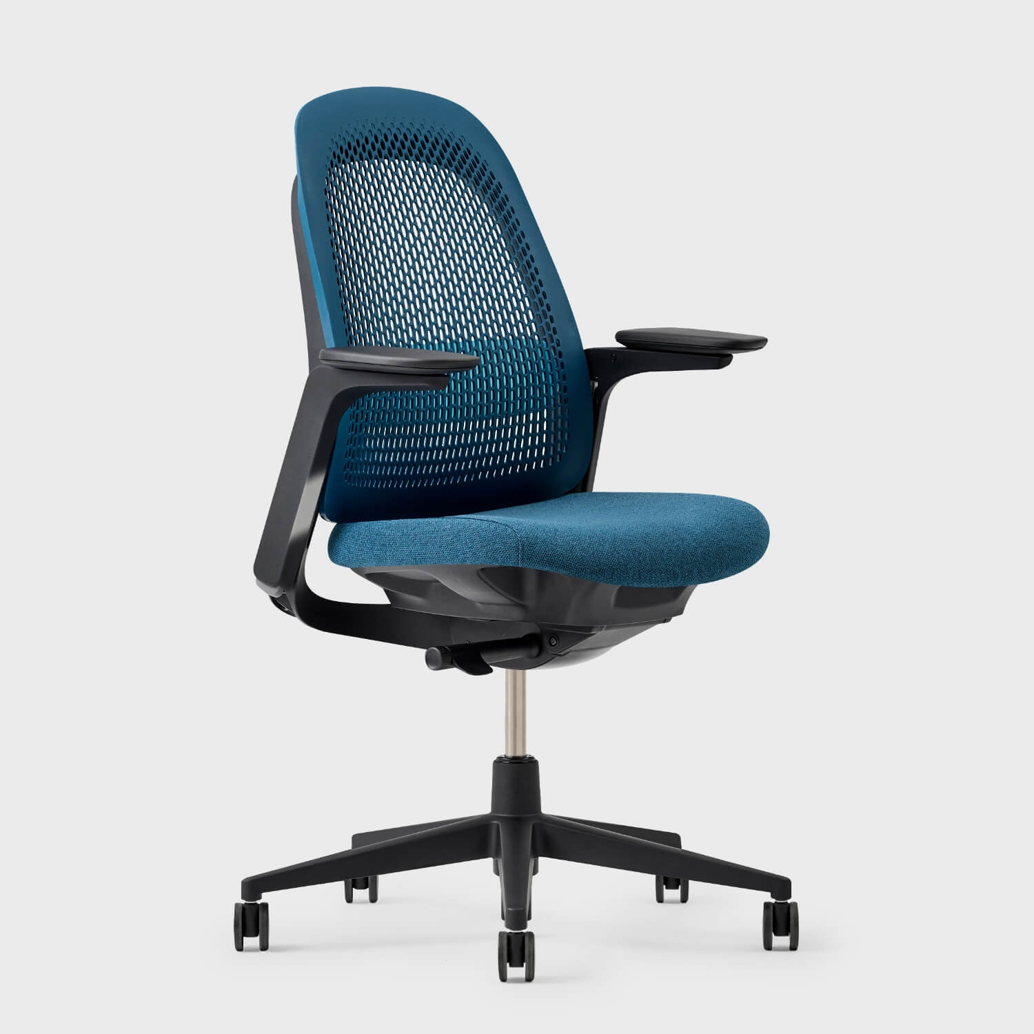 Breck Office Chair with ergonomic design and blue mesh backrest on wheels for optimal office comfort.