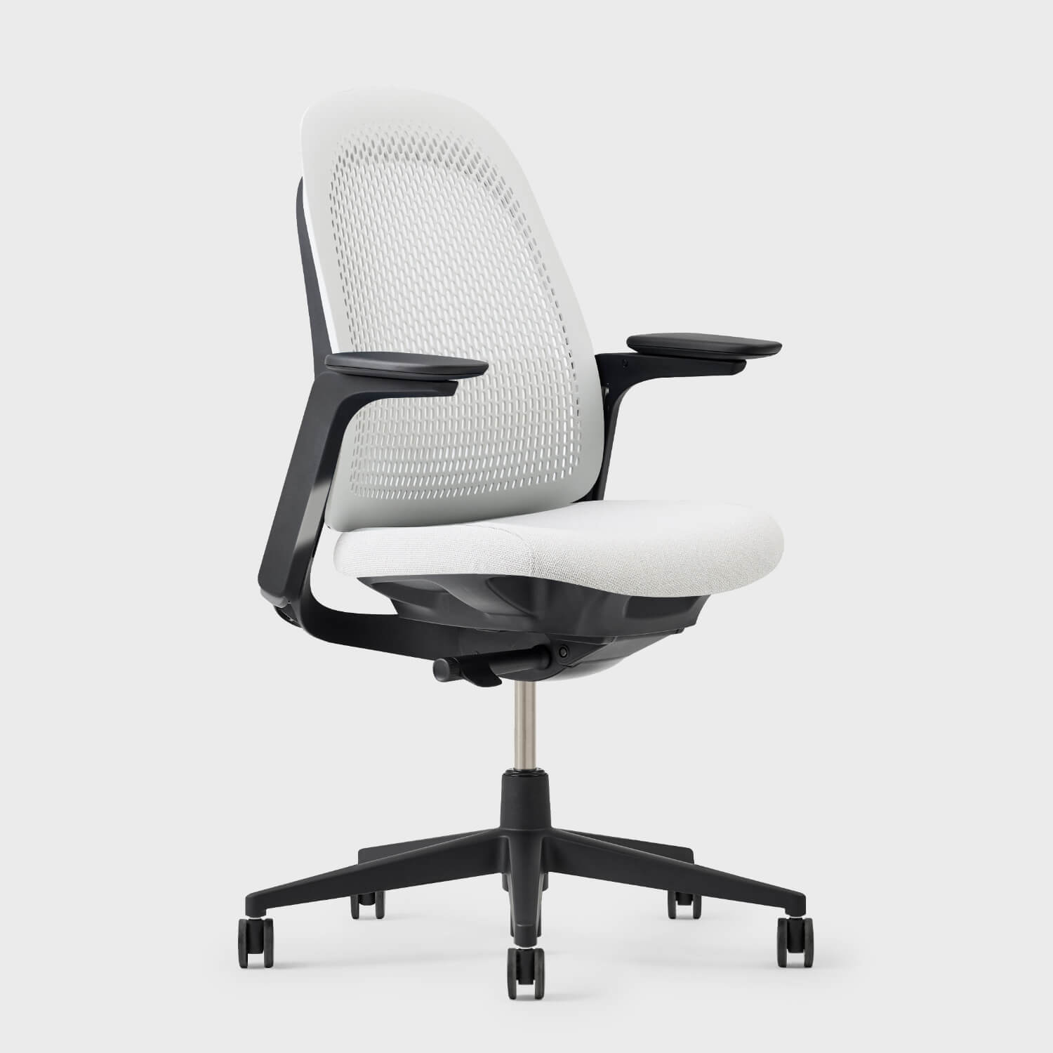 Breck Office Chair with ergonomic design, white cushioned seat, mesh back, and adjustable armrests on a five-wheel base.