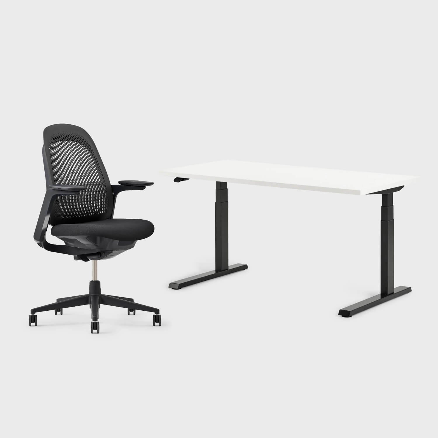 Breck Office Chair and Upside Sit-to-Stand Desk Set Bundle for ergonomic workspace versatility.