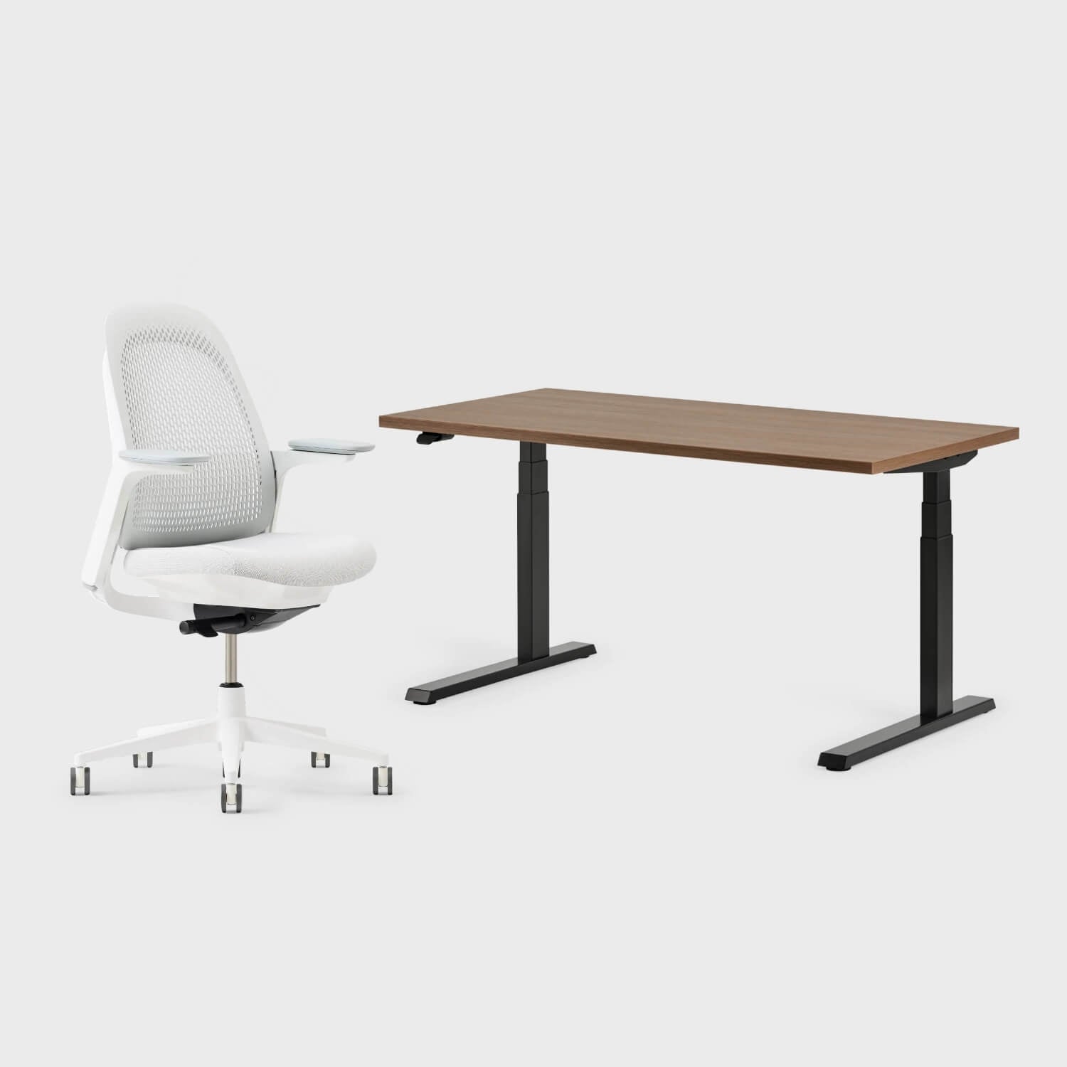 Breck Office Chair with geometric stretch technology and Upside sit-to-stand desk set, ideal ergonomic bundle.