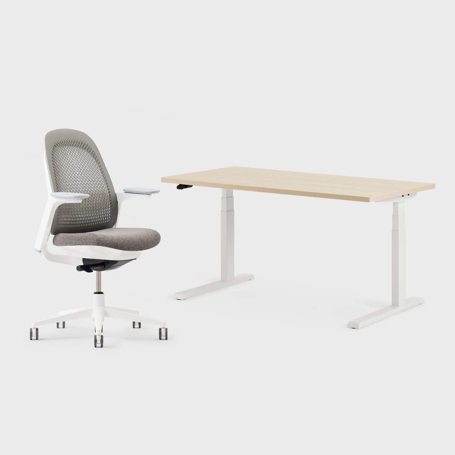 Breck Office Chair and Upside Sit-to-Stand Desk Set bundle featuring ergonomic design for sitting and standing comfort.