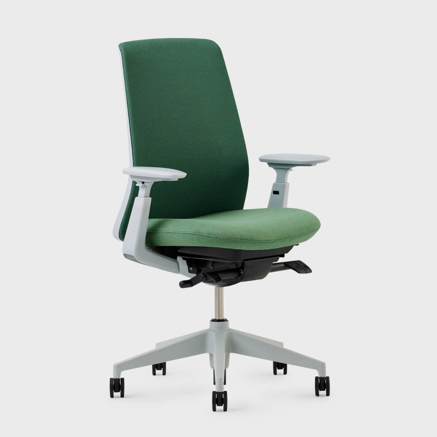 Soji Office Chair in green mesh with adjustable arms, designed for comfort and modern office aesthetics.