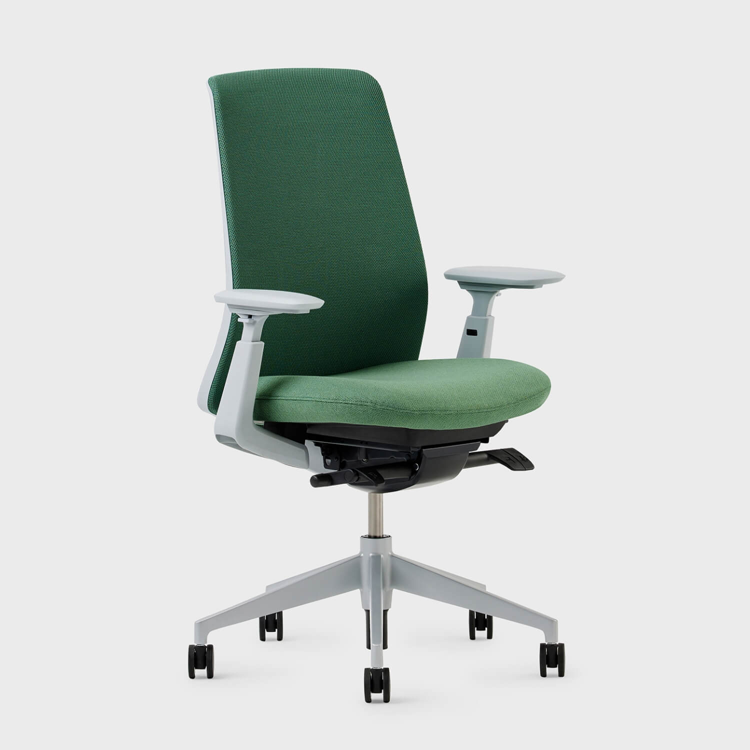 Soji Mesh Office Chair in green with adjustable arms and wheels for ergonomic support and style.