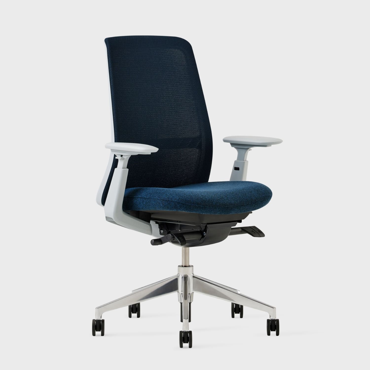 Soji Mesh Office Chair with blue seat and backrest, ideal for ergonomic office environments.