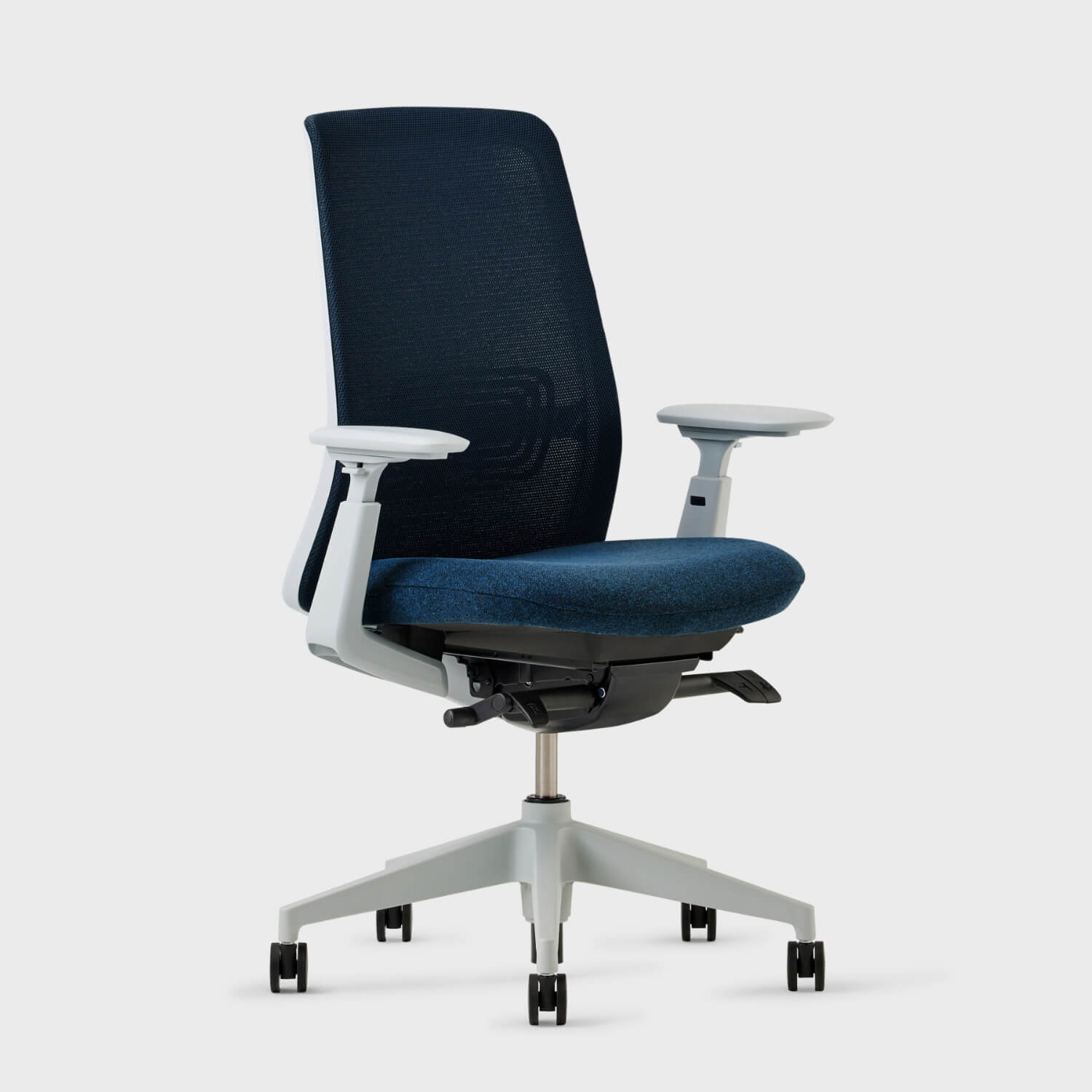 Soji Mesh Office Chair in blue fabric with white base, designed for comfort and support in office settings.