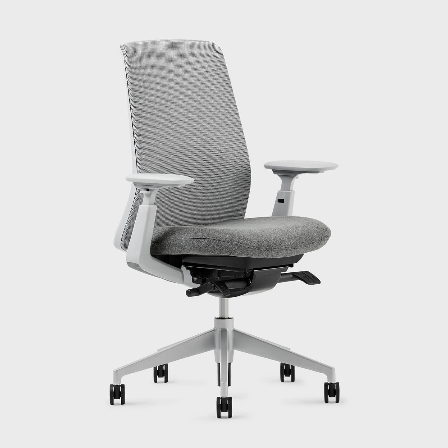 Soji Mesh Office Chair in gray, featuring adjustable armrests and a modern design, perfect for office use.