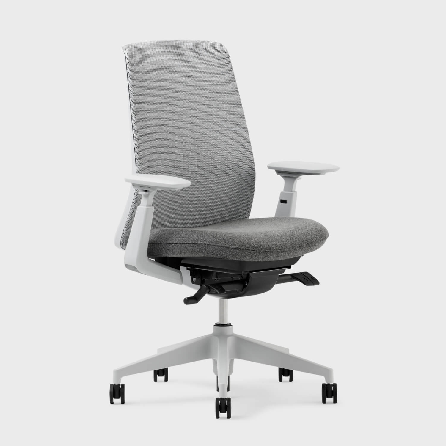 Soji Mesh Office Chair with grey fabric and adjustable armrests, designed for comfort and style in any workspace.
