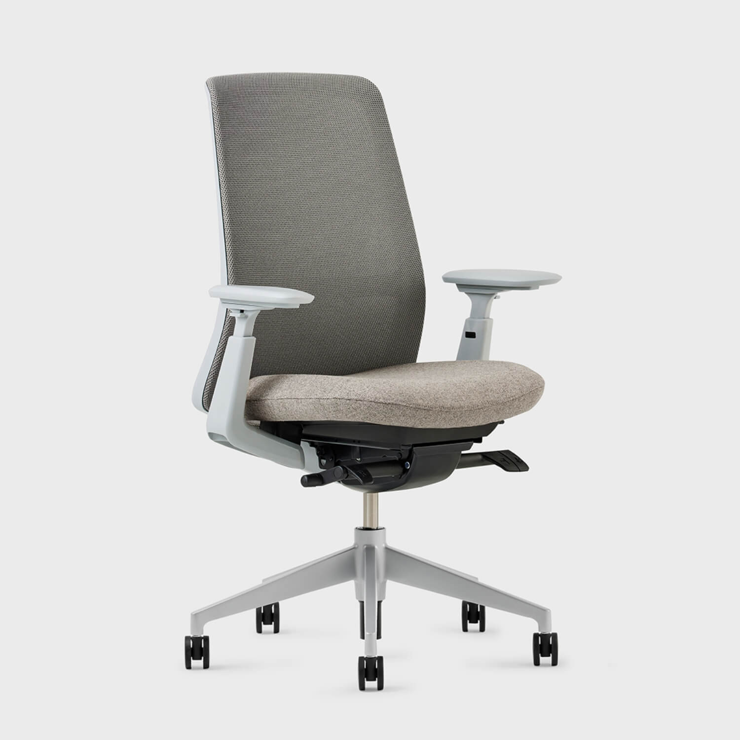 Soji Mesh Office Chair with a gray backrest and beige seat, designed for comfort and style in modern workspaces.