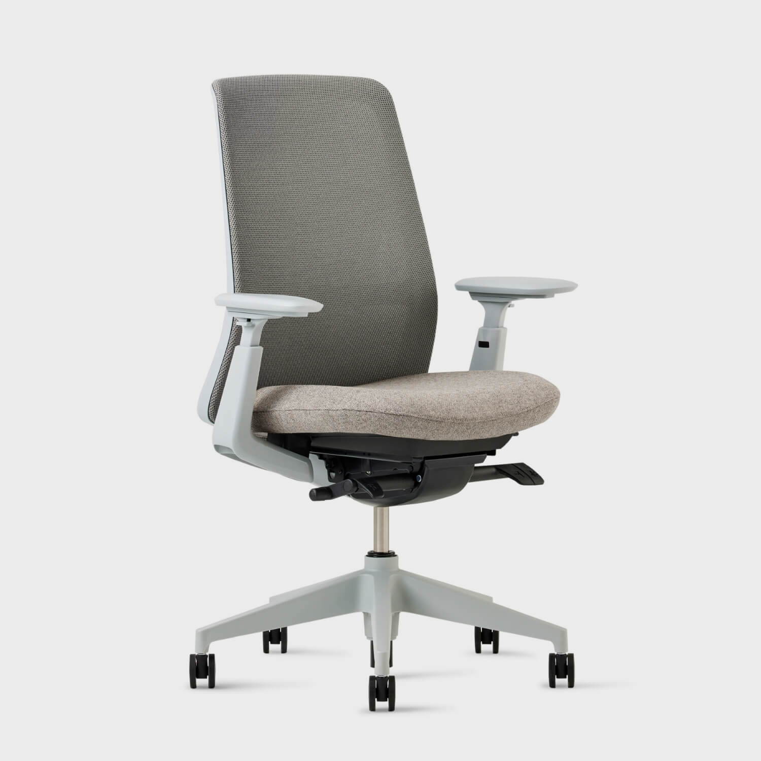 Soji Mesh Office Chair with ergonomic design, gray mesh back, and beige cushioned seat for comfortable office use.
